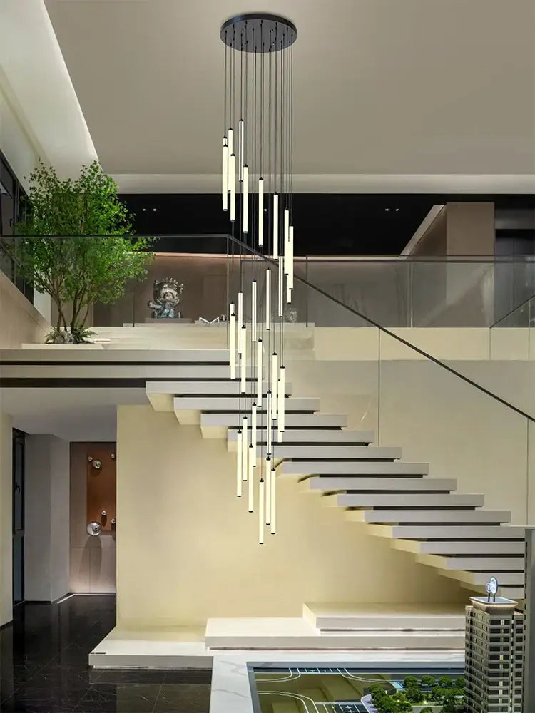 Modern minimalist decorbites led staircase chandelier with slender cylindrical light tubes on black metal frame for hall lighting