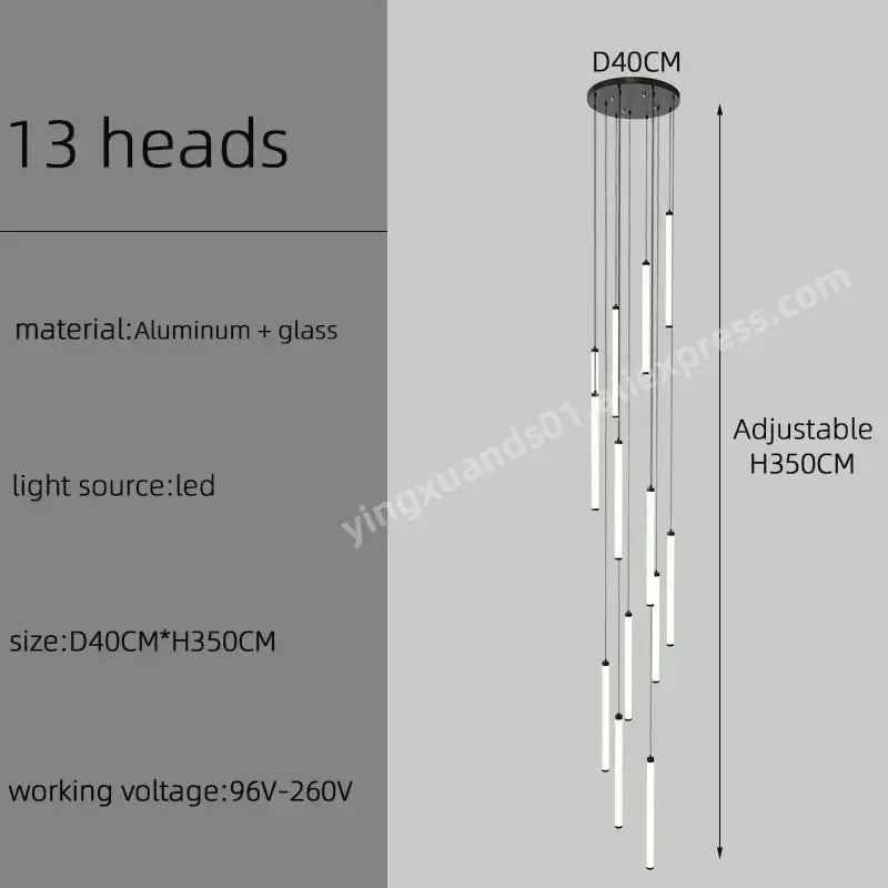 Modern minimalist decorbites led staircase chandelier with 13 white glass tubes and circular aluminum base for home lighting