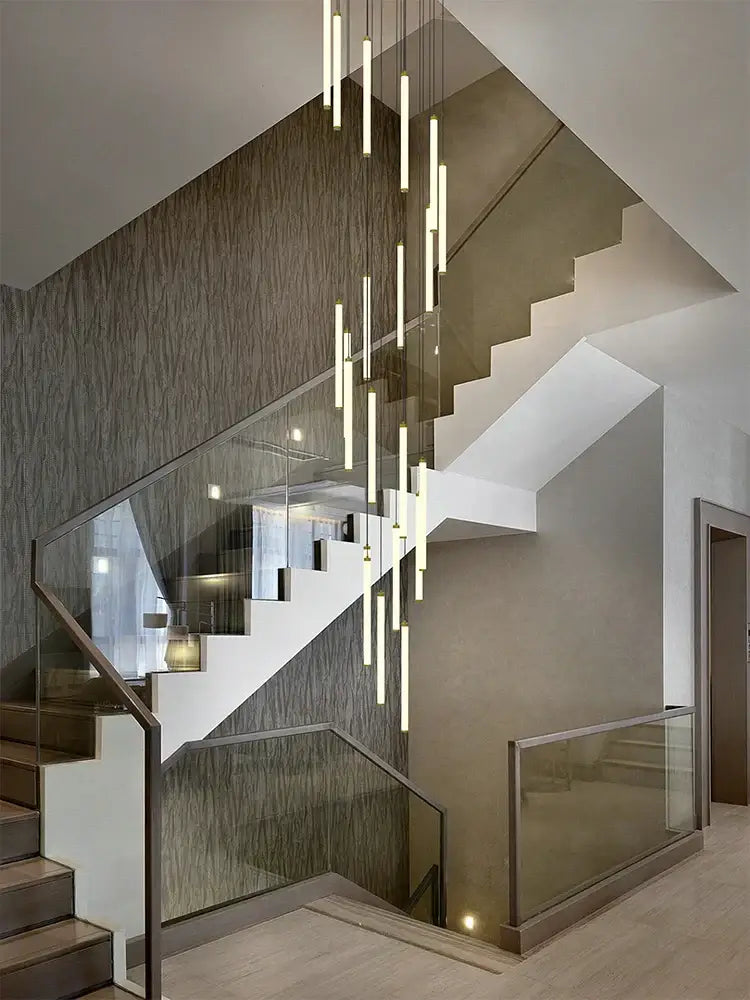 Modern minimalist decorbites led staircase chandelier with slender vertical cylindrical lights for home and hotel lighting