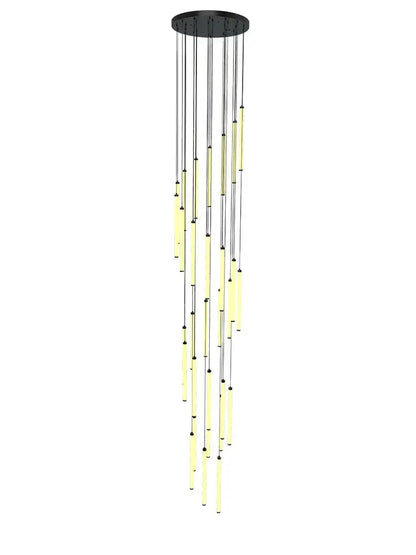 Modern black circular decorbites led staircase chandelier with slender rods and glowing yellow cylindrical lights for halls