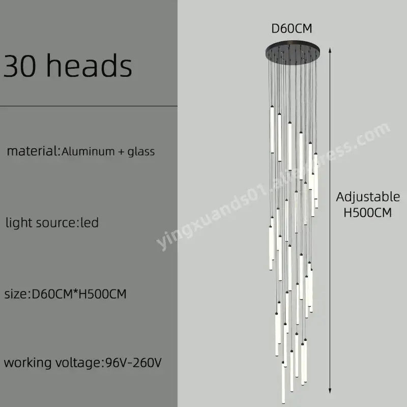 Modern minimalist decorbites led staircase chandelier with 30 vertical led lights on aluminum glass base for home lighting