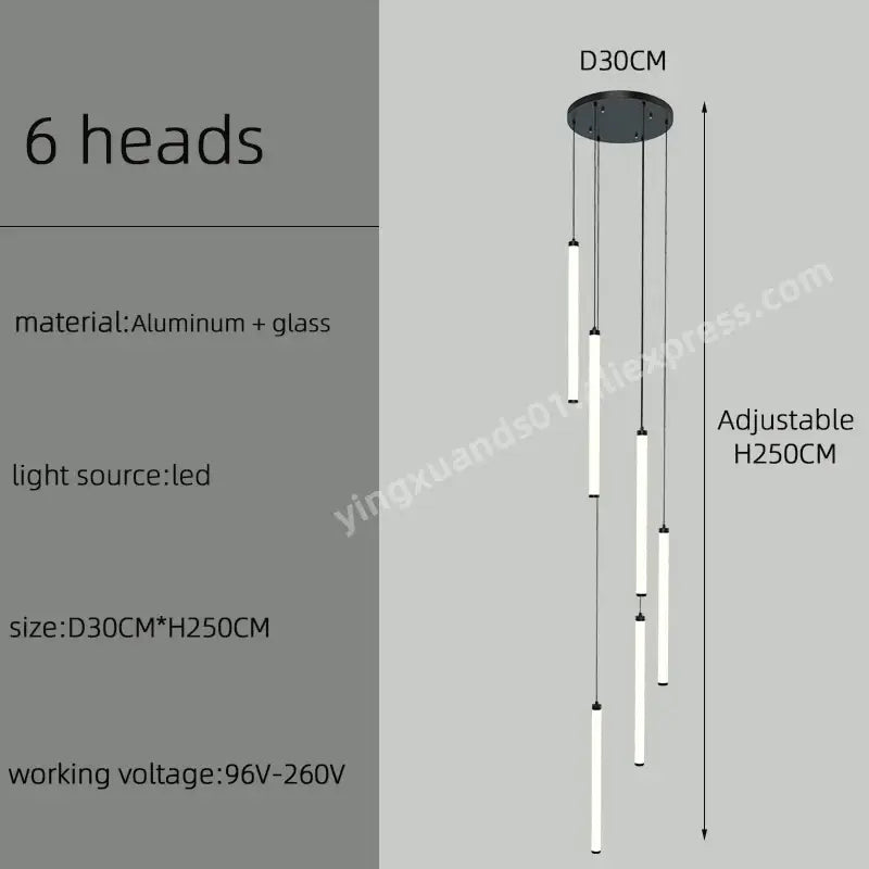 Modern minimalist DecorBites LED staircase chandelier with six glass tubes and aluminum mount for home and hotel lighting