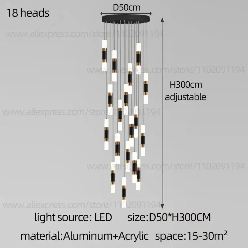 Modern black and white led staircase chandelier with 18 cylindrical light heads suspended from aluminum base