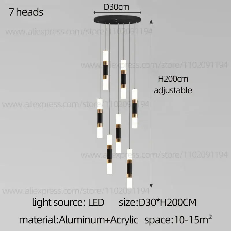 DecorBites™ modern led staircase chandelier with seven white acrylic cylindrical bulbs accented by black and gold bands