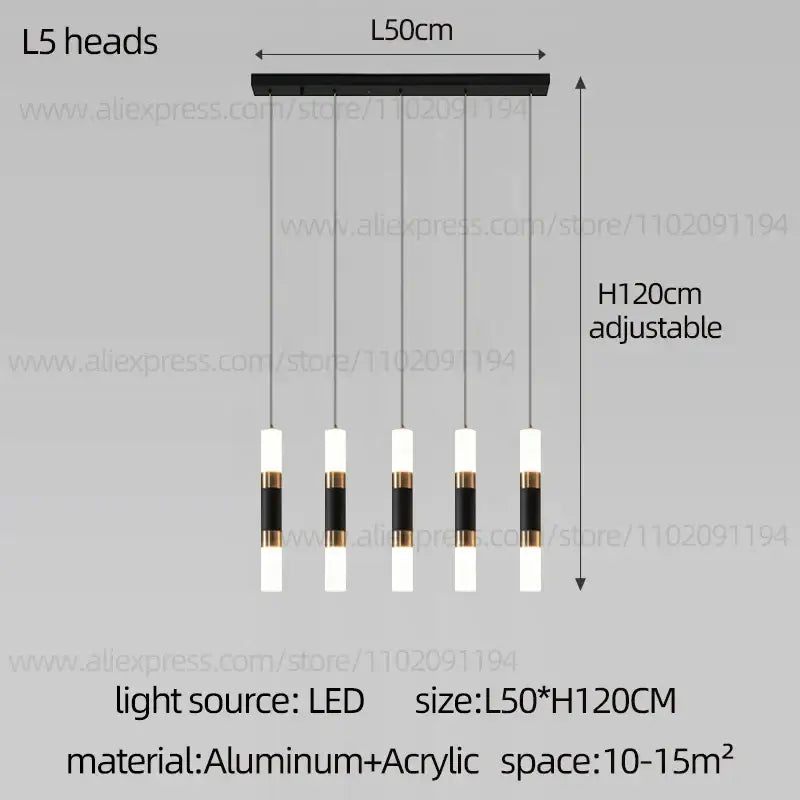 Modern black and white led staircase chandelier with gold accents and five cylindrical bulbs on aluminum bar for duplex lighting