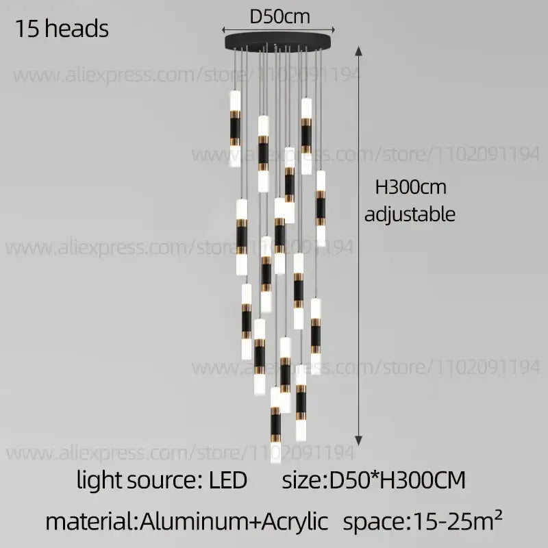Modern black and white led staircase chandelier with 15 aluminum and acrylic cylindrical lights for duplex home lighting