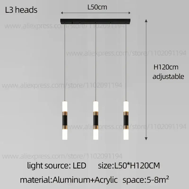 Decorbites™ black and gold l3 heads led staircase chandelier with three cylindrical led bulbs on aluminum bar