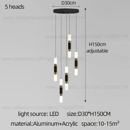 DecorBites™ led staircase chandelier with black and white cylindrical heads gold accents on adjustable aluminum base