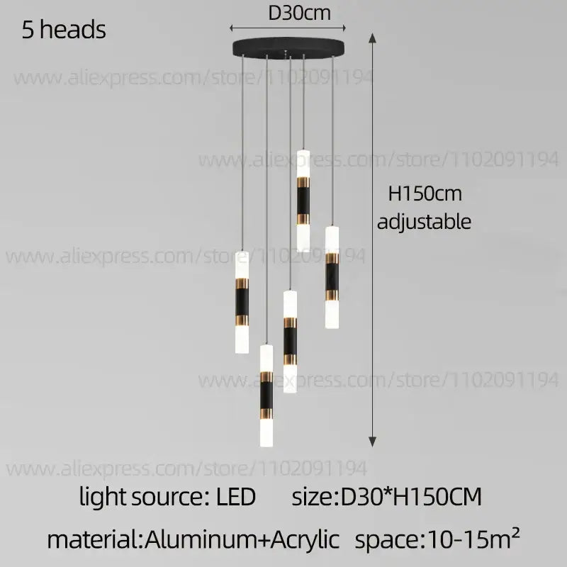 DecorBites™ led staircase chandelier with black and white cylindrical heads gold accents on adjustable aluminum base