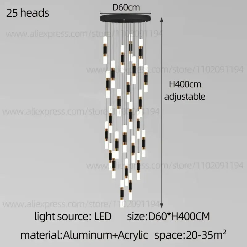 Black and white led staircase chandelier with 25 illuminated heads made of aluminum and acrylic for modern duplex homes