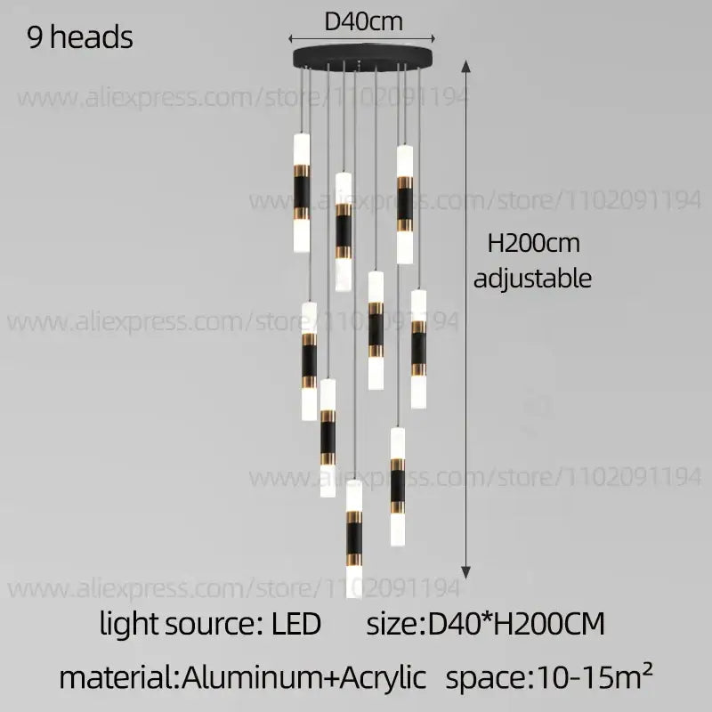 Modern black and white led staircase chandelier with gold accents and nine cylindrical lights on adjustable aluminum base
