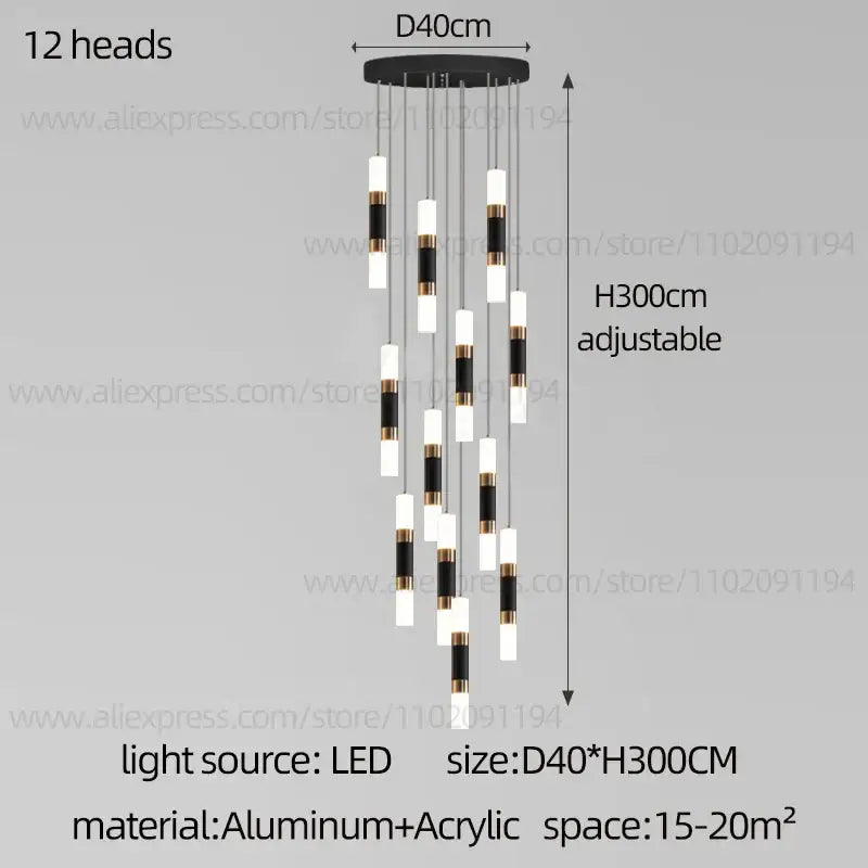 DecorBites™ modern black and white led staircase chandelier with 12 cylindrical lights suspended from an aluminum base