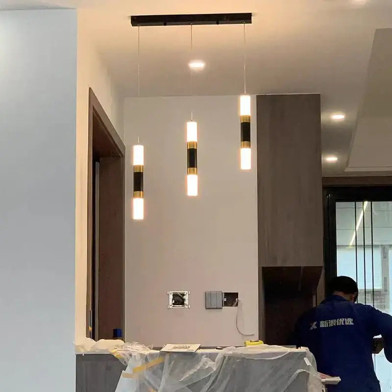 DecorBites™ led staircase chandelier with modern minimalist white and gold pendant lights on black ceiling fixture