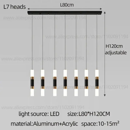 DecorBites™ led staircase chandelier with modern black and gold aluminum bar and seven cylindrical led bulbs for duplex lighting