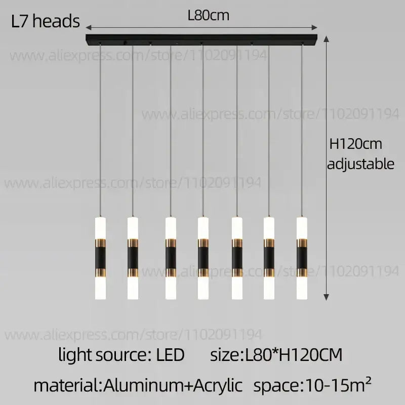 DecorBites™ led staircase chandelier with modern black and gold aluminum bar and seven cylindrical led bulbs for duplex lighting