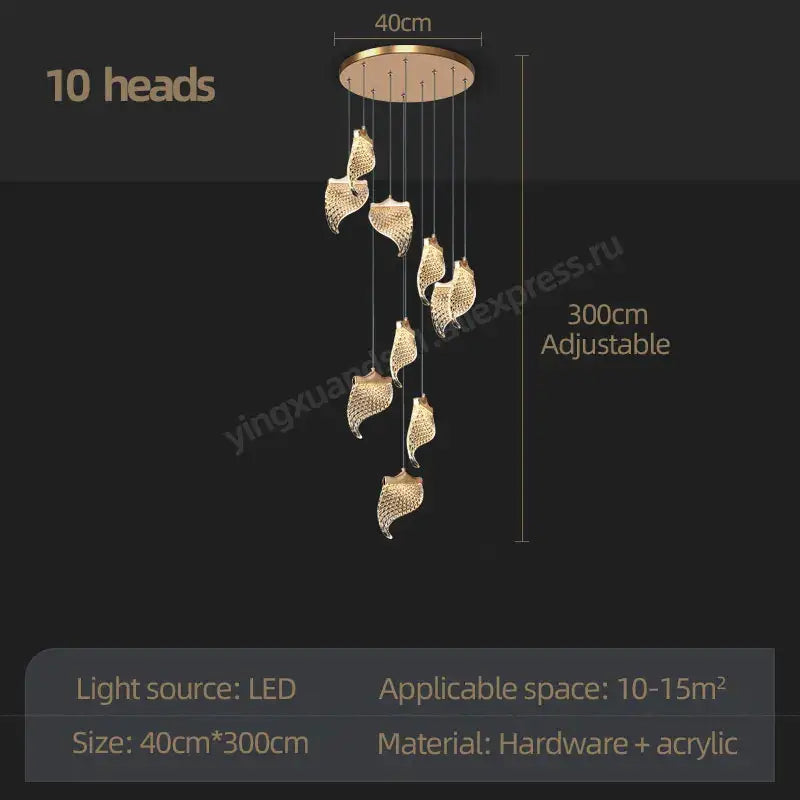 Gold-toned decorbites led staircase chandelier with ten leaf-shaped acrylic lights for living and dining rooms