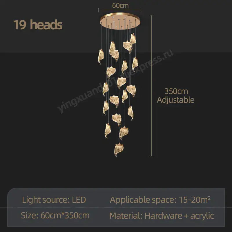 Gold-toned decorbites led staircase chandelier with 19 leaf-shaped acrylic light heads for modern living spaces