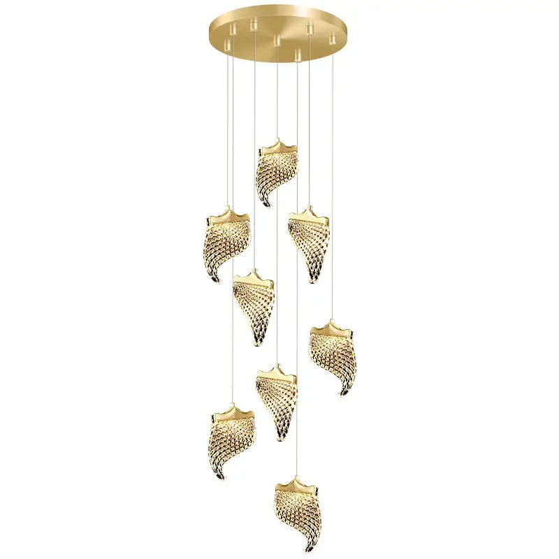 Gold-toned shell-shaped pendant decorbites led staircase chandelier with circular ceiling mount for living and dining rooms