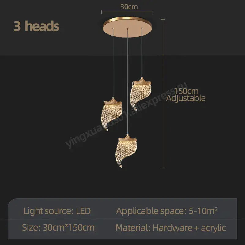 Gold-toned three-head decorbites led staircase pendant light with crystal leaf lampshades for living and dining rooms