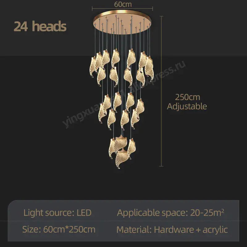 Gold-toned decorbites led staircase chandelier with 24 leaf-shaped led light heads for living and dining rooms