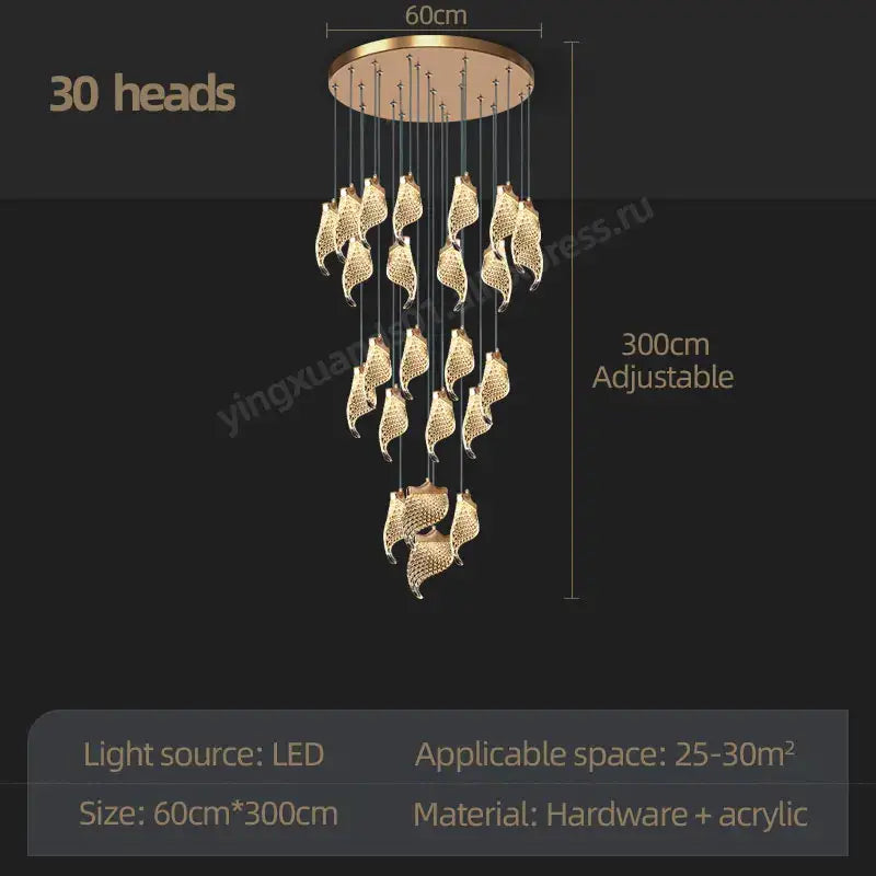 Gold-toned decorbites led staircase chandelier with 30 leaf-shaped led light heads for living and dining rooms