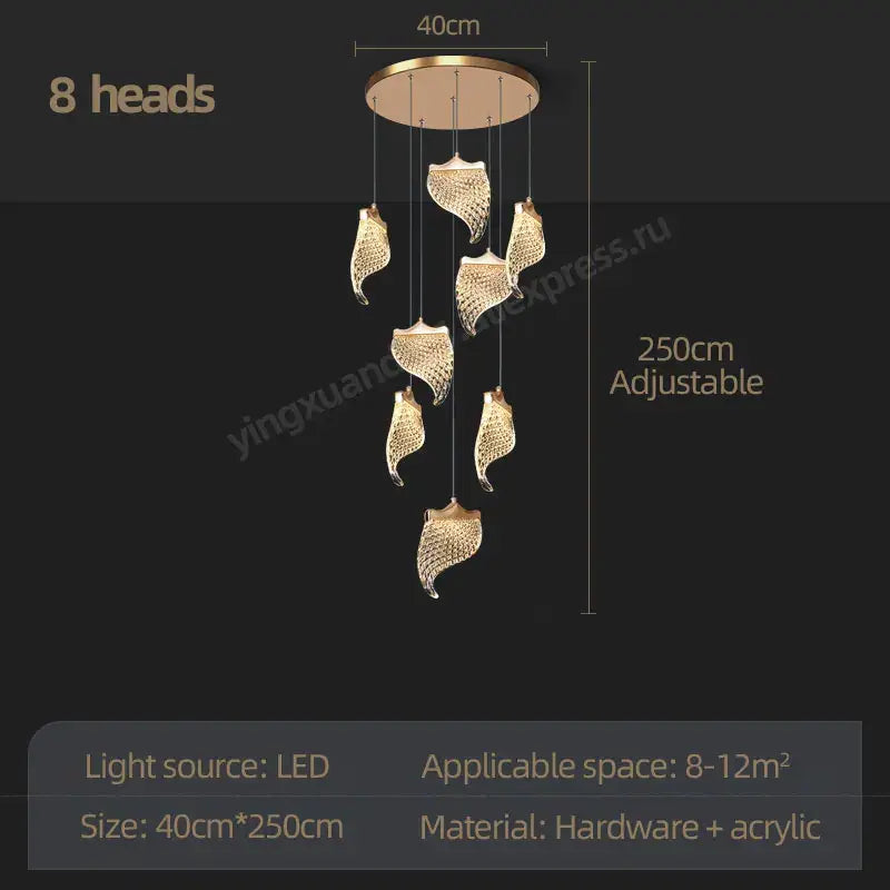 Gold-toned decorbites led staircase chandelier with eight leaf-shaped acrylic lights for modern loft living and dining rooms