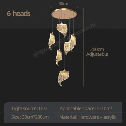 Gold-toned decorbites led staircase chandelier with six leaf-shaped acrylic lights for modern living and dining rooms