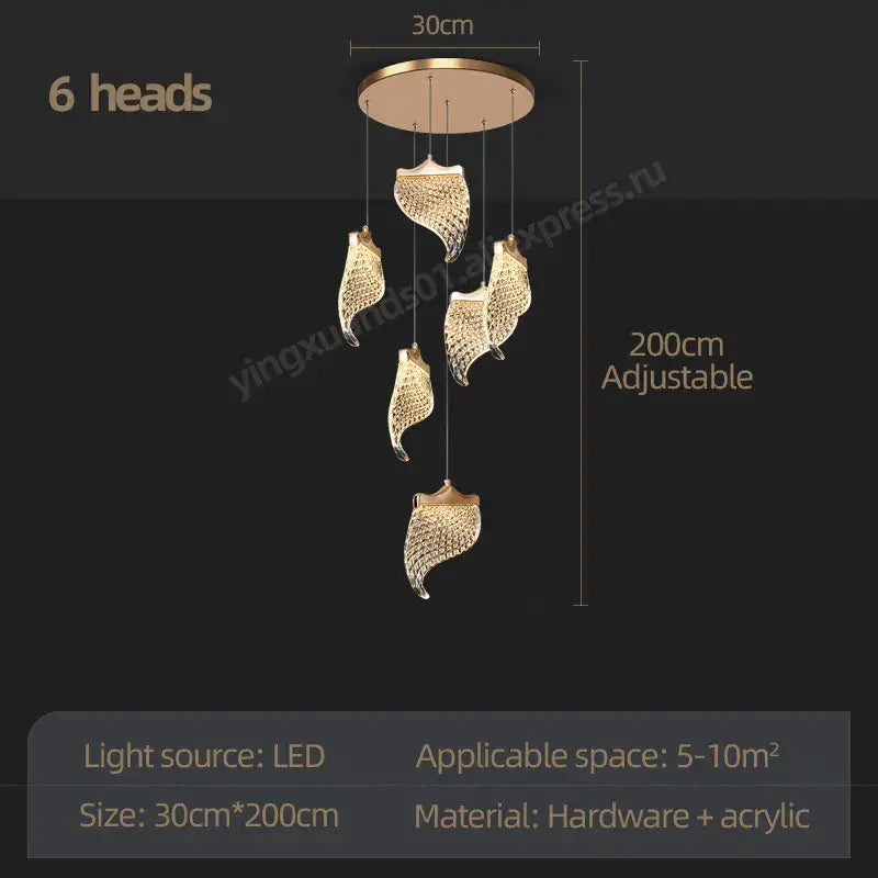 Gold-toned decorbites led staircase chandelier with six leaf-shaped acrylic lights for modern living and dining rooms