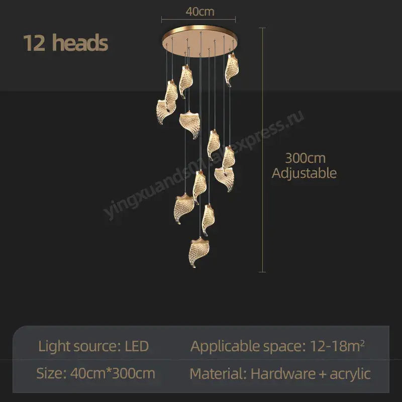 Gold-toned decorbites led staircase chandelier with 12 crystal calla lily light heads for living and dining room lighting
