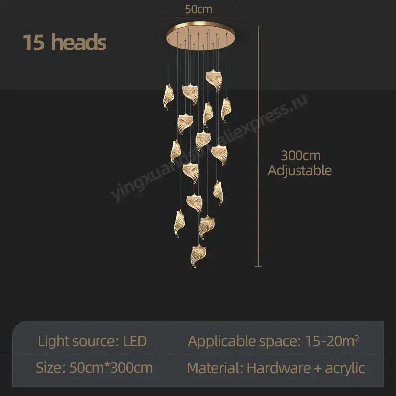 Decorbites led staircase chandelier with 15 gold-toned leaf-shaped acrylic lights for living and dining rooms