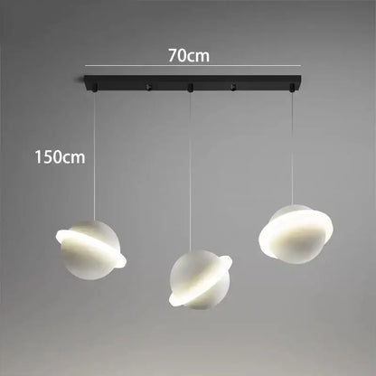 Modern minimalist decorbites led staircase chandelier with three white planet-shaped globes on black rectangular bar