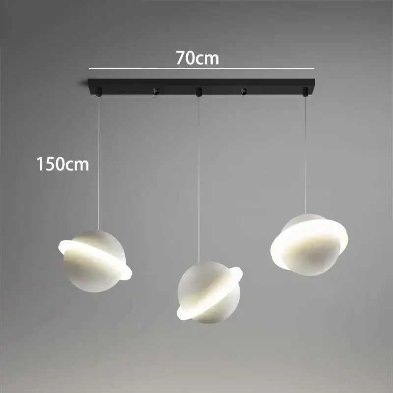 Modern minimalist decorbites led staircase chandelier with three white planet-shaped globes on black rectangular bar