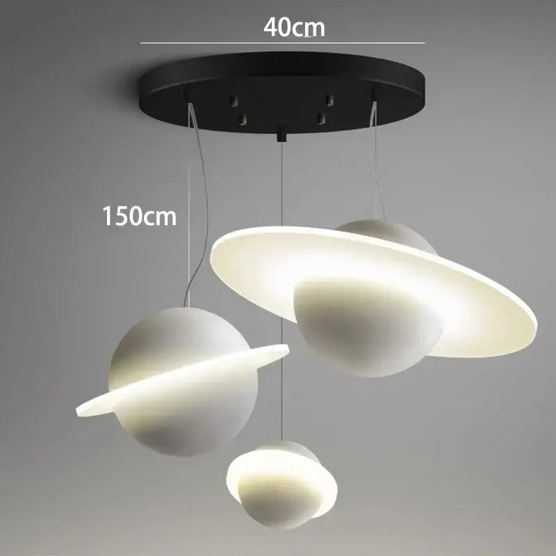 Modern white planetary-themed decorbites led staircase chandelier with black circular ceiling mount for living room decor