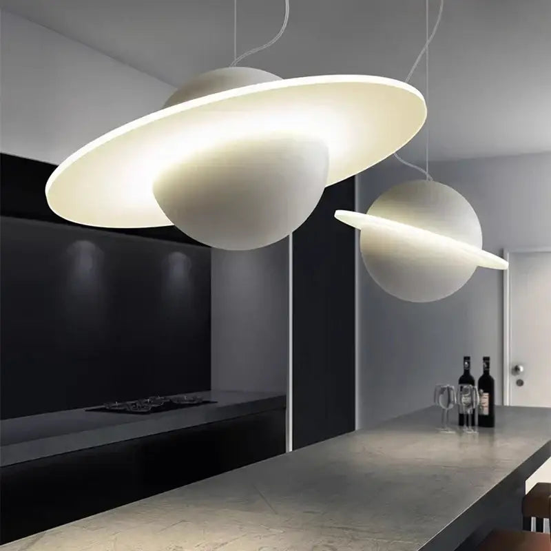 Modern white decorbites led staircase chandelier with planetary-themed pendant lights and smooth matte finishes for living room decor