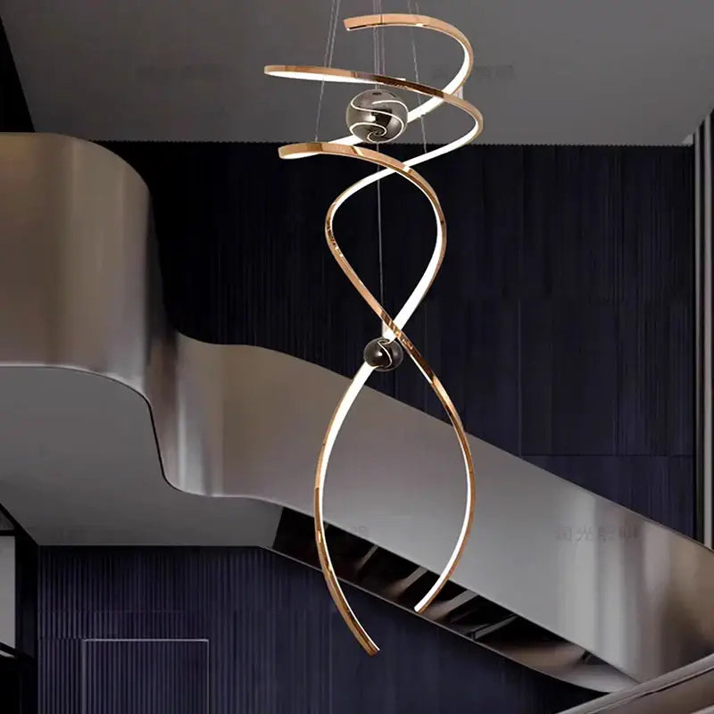 DecorBites™ led staircase gold-toned pendant light with sleek metallic arms and embedded spherical lights chandelier