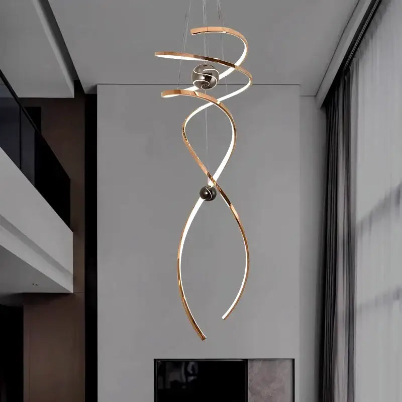 DecorBites™ led staircase chandelier pendant light with gold-toned spiral arms and embedded led lighting for indoor use