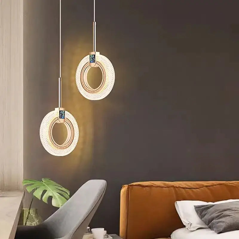 Modern circular decorbites led staircase chandeliers with woven translucent material and gold-toned metal accents