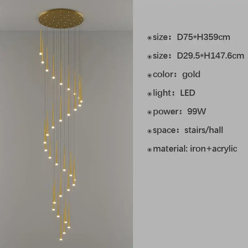 Gold-colored modern decorbites led staircase chandelier with slender acrylic rods suspended from circular iron base