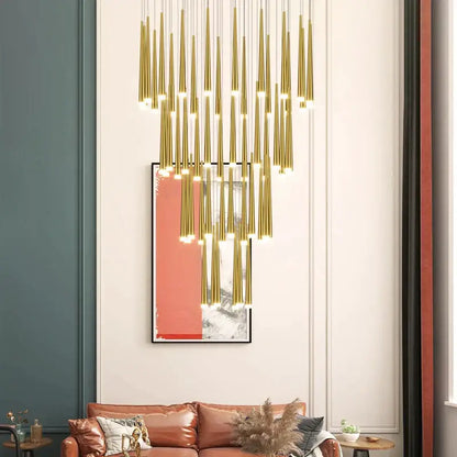 Golden cylindrical decorbites led staircase chandelier with multiple slender rods in cascading arrangement for modern luxury
