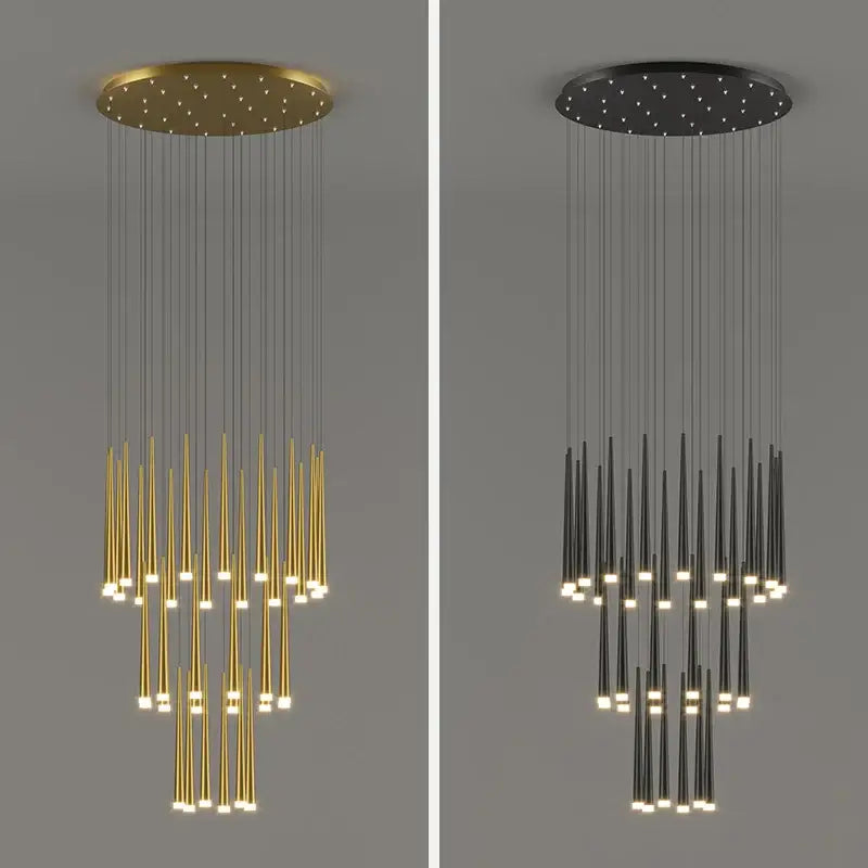 Modern minimalist decorbites led staircase chandelier with circular mount and cascading gold cylindrical led lights for villa use