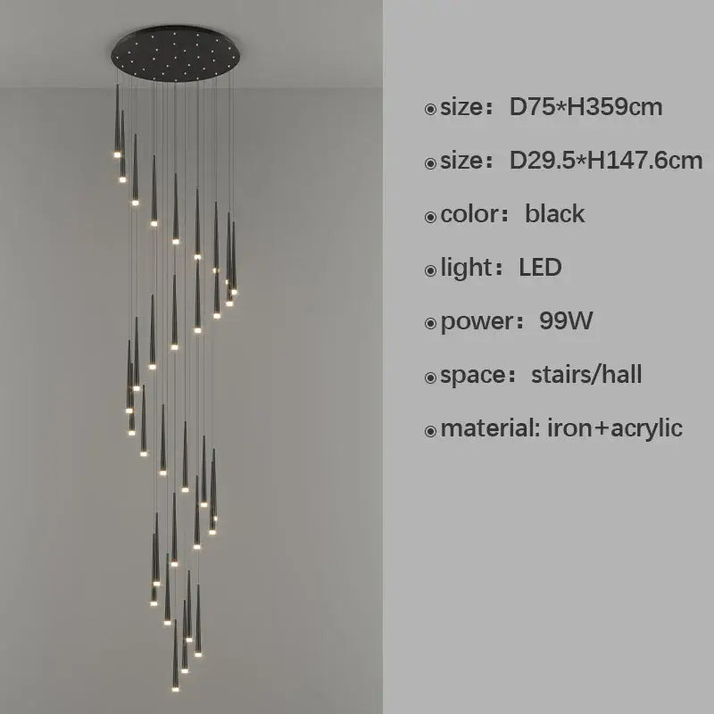 Black modern decorbites led staircase chandelier with tapered LED fixtures and iron acrylic ceiling mount for living rooms