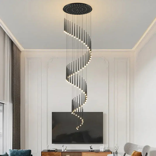 Black spiral decorbites led staircase chandelier with circular top and glowing led lights for modern luxury spaces