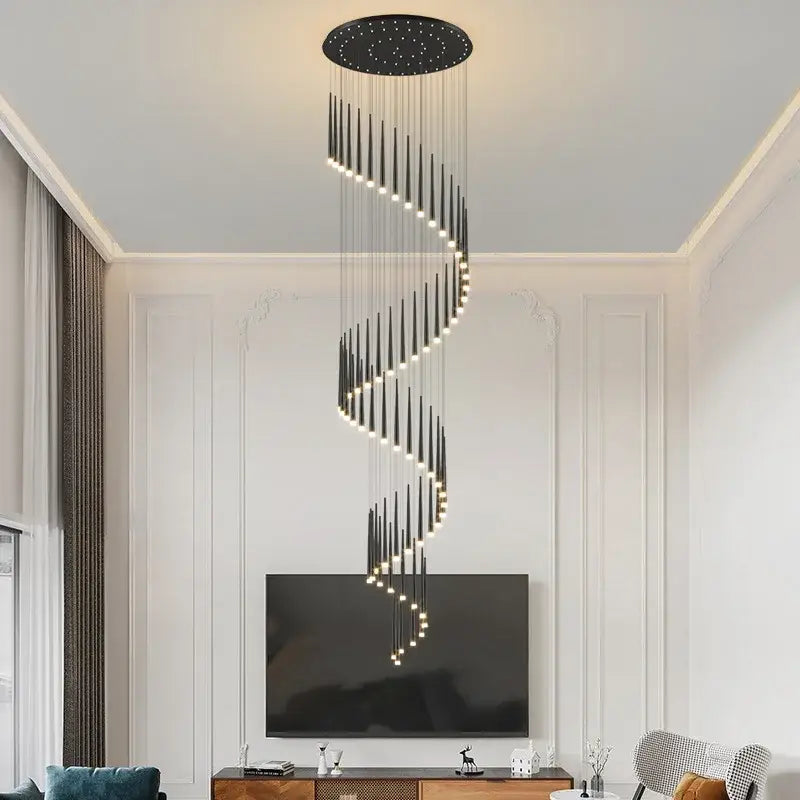 Black spiral decorbites led staircase chandelier with circular top and glowing led lights for modern luxury spaces