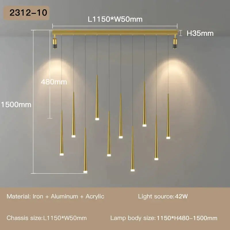 Gold-colored modern decorbites led staircase chandelier with tapered acrylic lamps suspended from iron aluminum frame