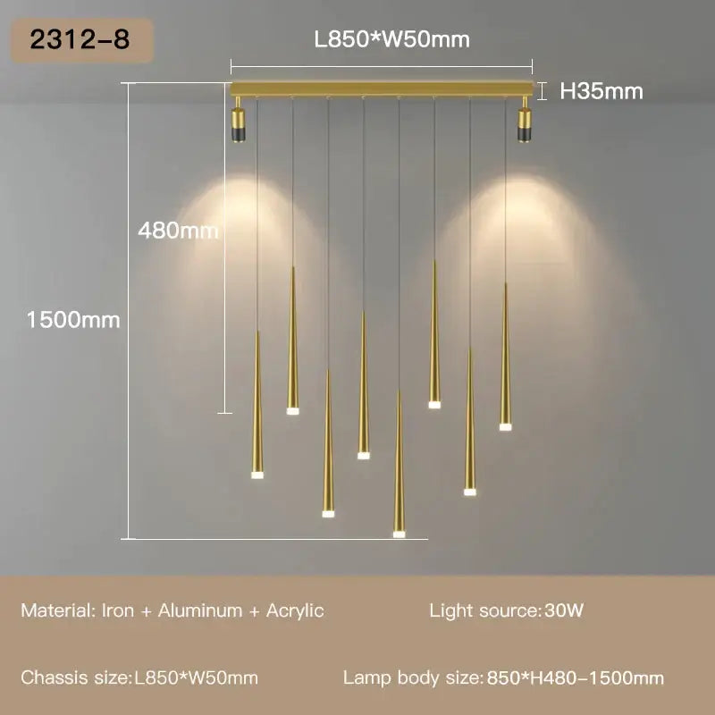 Gold-toned modern decorbites led staircase chandelier with tapered acrylic lamps suspended from iron aluminum chassis