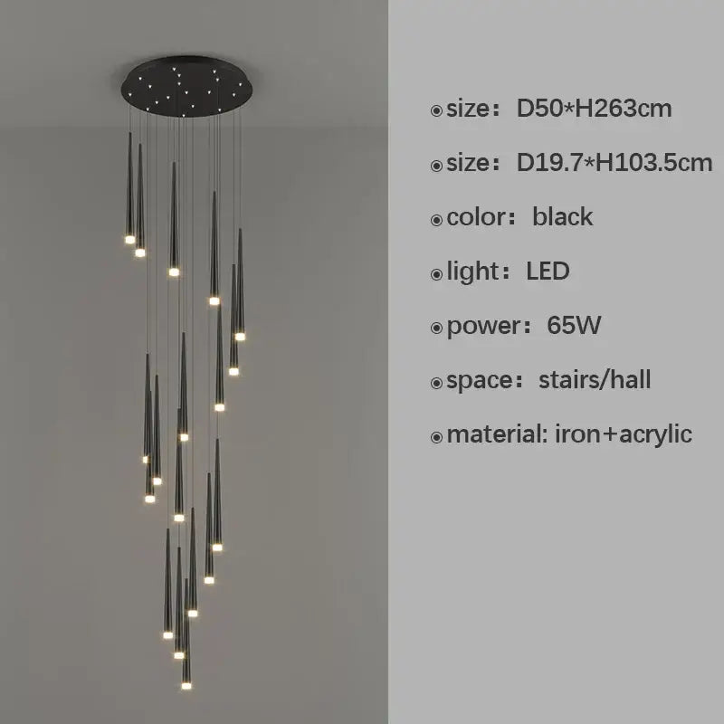 Black modern decorbites led staircase chandelier with slender tapered acrylic rods and iron base for living room or hall