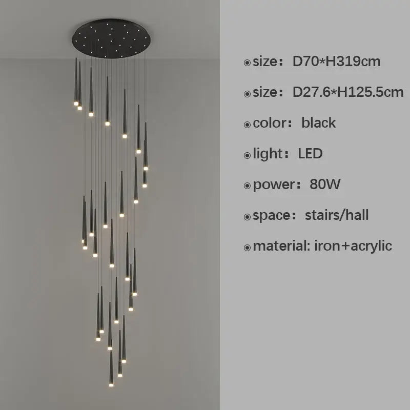Black decorbites led staircase chandelier with circular iron and acrylic base featuring slender pendant lights in descending rows