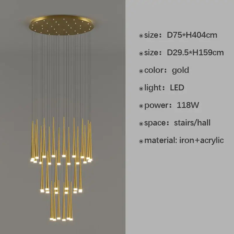 Gold-colored modern decorbites led staircase chandelier with circular top and slender cone-shaped led lights for luxury living rooms