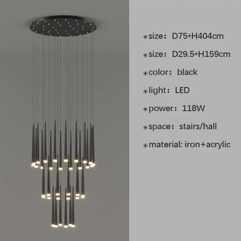 Black modern DecorBites led staircase chandelier with cascading LED lights made of iron and acrylic for luxury living spaces