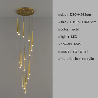 Gold-colored decorbites led staircase chandelier with slender acrylic rods and iron circular base for modern luxury interiors